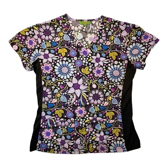 Green Town Scrub Top Purple Black Floral Size Small Medical - Picture 1 of 7